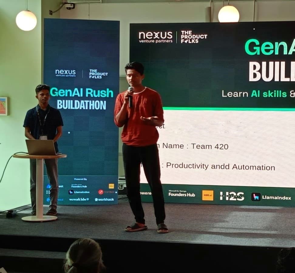 Me speaking on stage at Gen AI buildathon in banglore